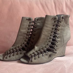 Green Open Toe Leather Booties